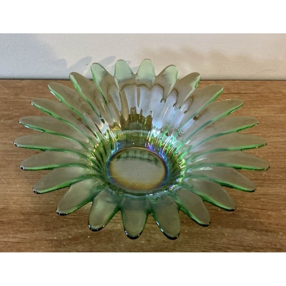 Vintage Iridescent Green 6" Glass Bowl - Daisy Design - Excellent Condition